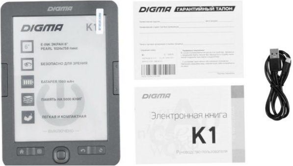 6" E-book DIGMA K1 - rozmiar: 116x164x9,5 mm, waga: 150g